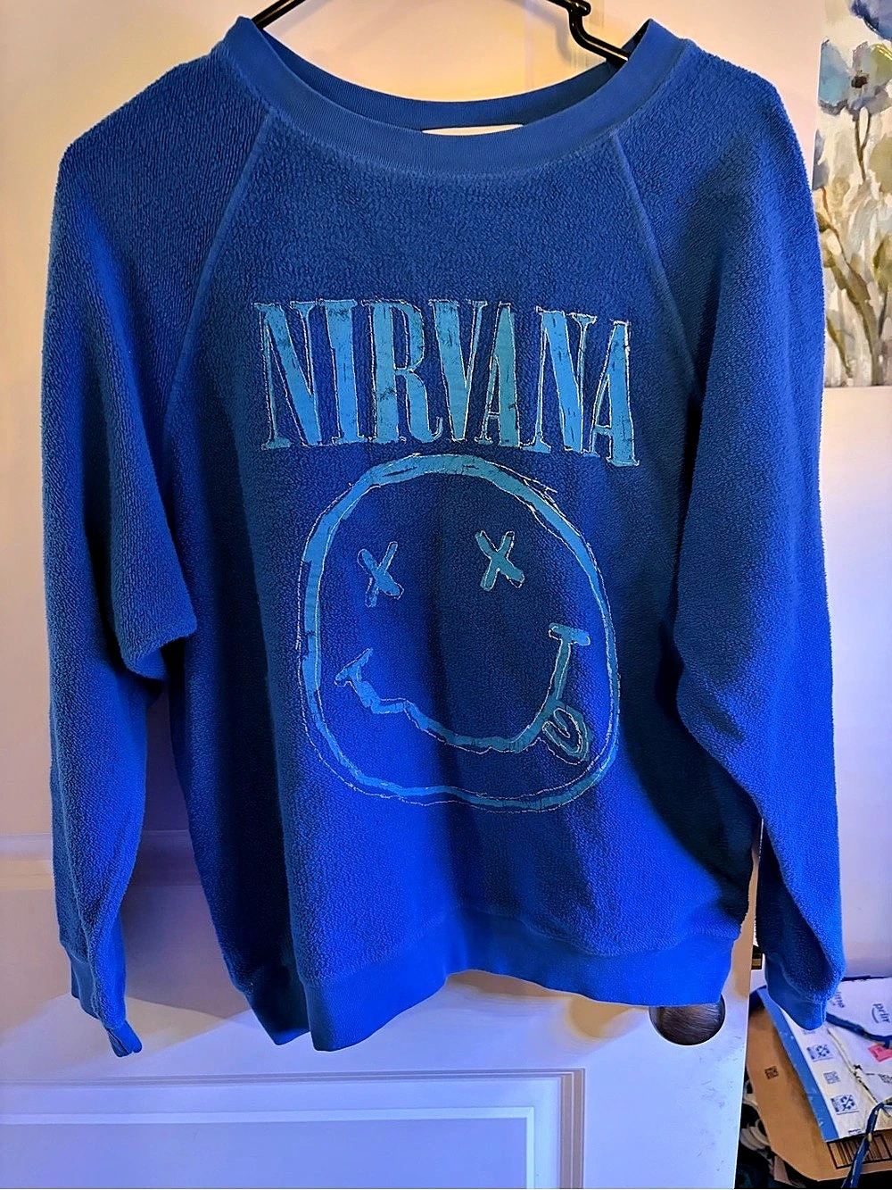 Daydreamer Nirvana Smiley Reverse Raglan Crew Sweatshirt Blue Medium